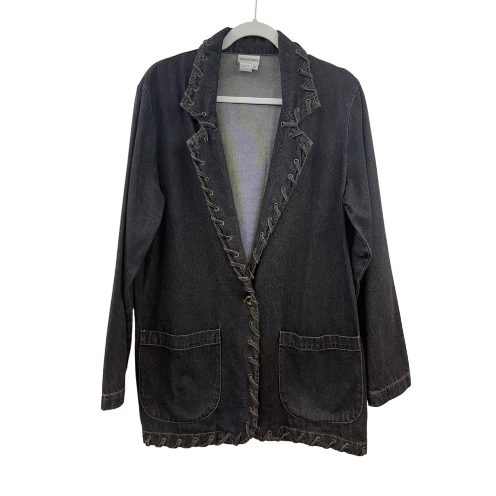 Newport News Womens Vintage Denim Blazer Lace Up Trim Size M Blue Jean Jacket